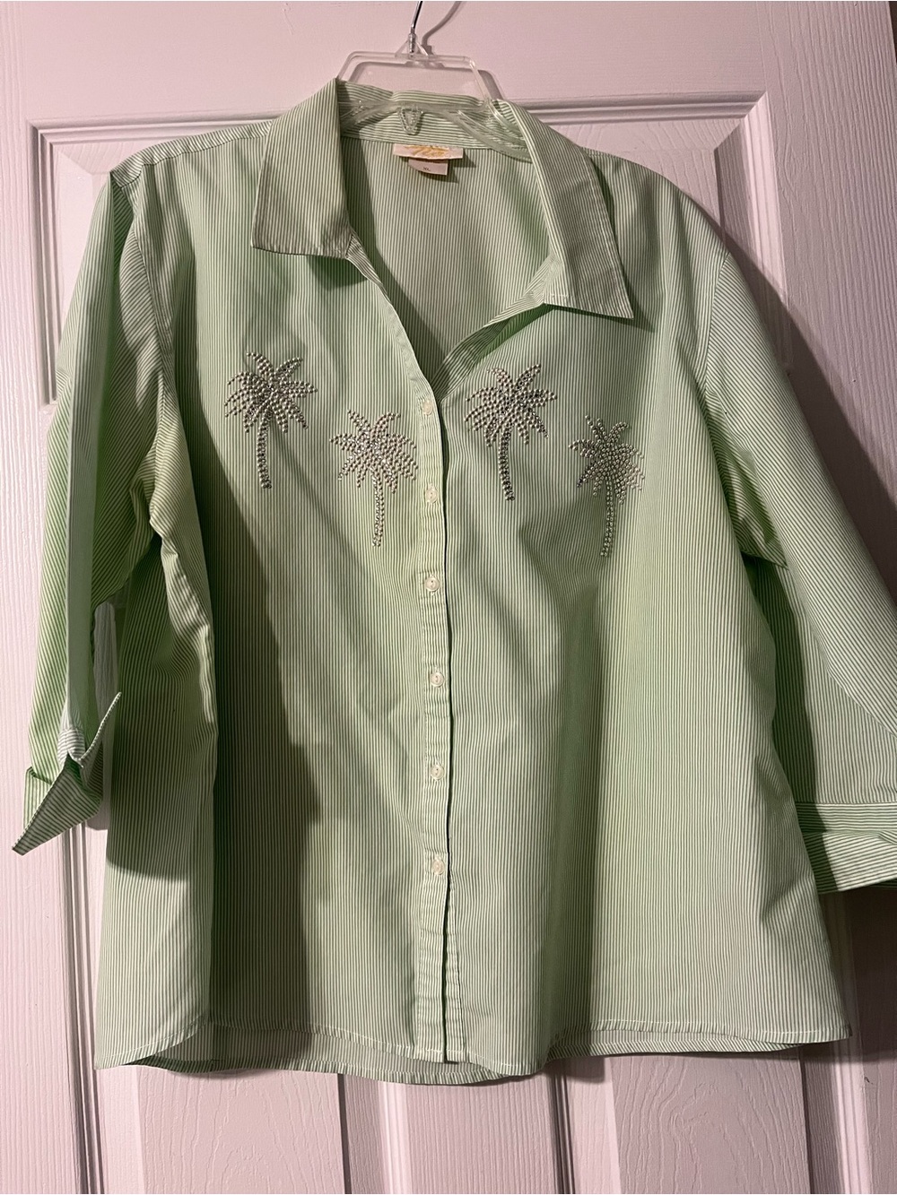 Embellished Light Green Button-Up Shirt - Palm Crystal Detail